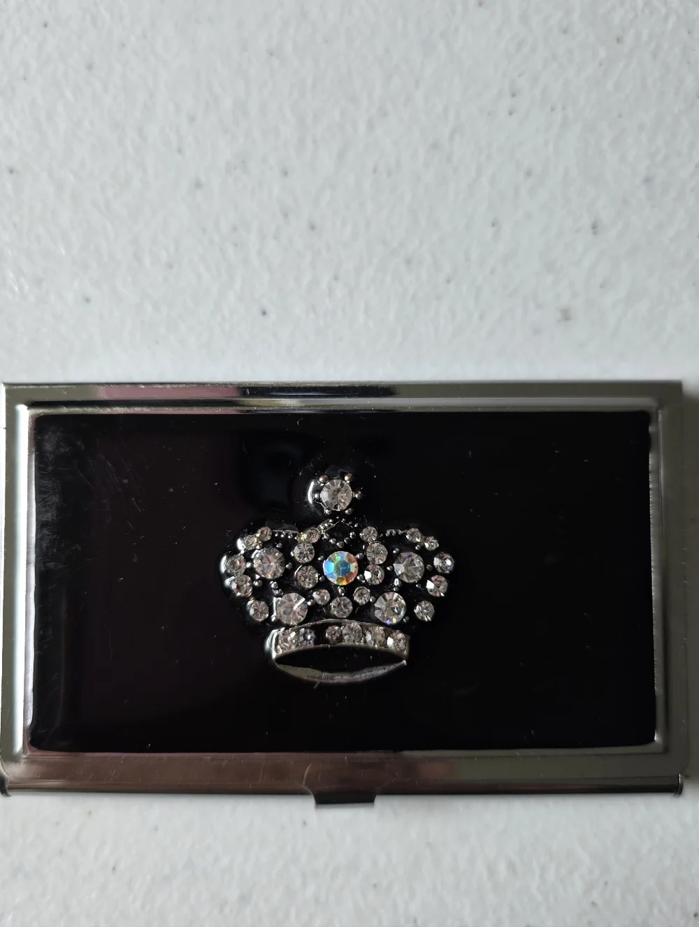 Vintage Rhinestone Embellished Business Card Holder Aurora Borealis Crown Design